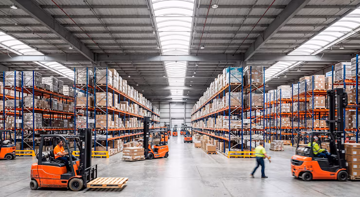 Warehouse operations with stocked shelves
